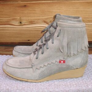 Gray Suede Fringe Bohemian Wedge Ankle Boots 6.5